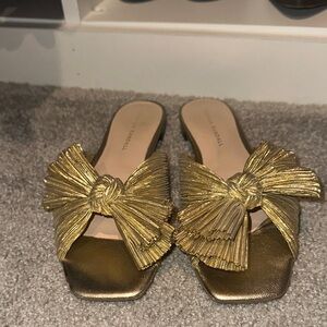 Loeffler Randall Metallic Gold Pleated Bow Mules